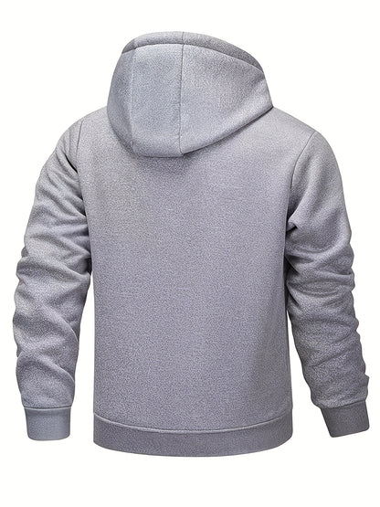 Men'S Fashion Lined Hooded Jacket - Warm And Comfortable Solid Color Zip-Up Casual Polyester Coat With Drawstring Hood For Cold Weather | Stylish Hooded Jacket | Fleece Lined Hoodie