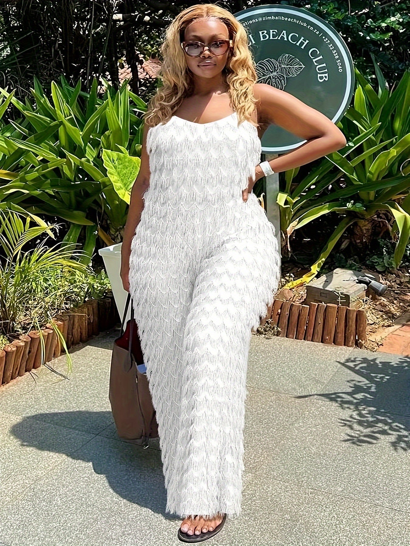 Plus Size, Plus Size Elegant Black Jumpsuit for Women - Chic Sleeveless V-Neck with Tassel Detail, Loose Fit, Polyester & Elastane Blend, Machine Washable - Perfect for All Seasons, Plus Size Jumpsuit