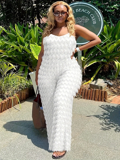 Plus Size, Plus Size Elegant Black Jumpsuit for Women - Chic Sleeveless V-Neck with Tassel Detail, Loose Fit, Polyester & Elastane Blend, Machine Washable - Perfect for All Seasons, Plus Size Jumpsuit