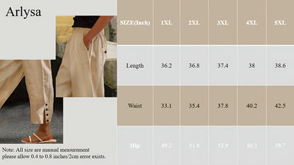 Plus Size - Spring, Summer And Autumn Large-sized Casual Trousers, Solid Color, Button Design, Elastic Waist, Pockets, Large-sized Women'S Harem Trousers For Casual Daily