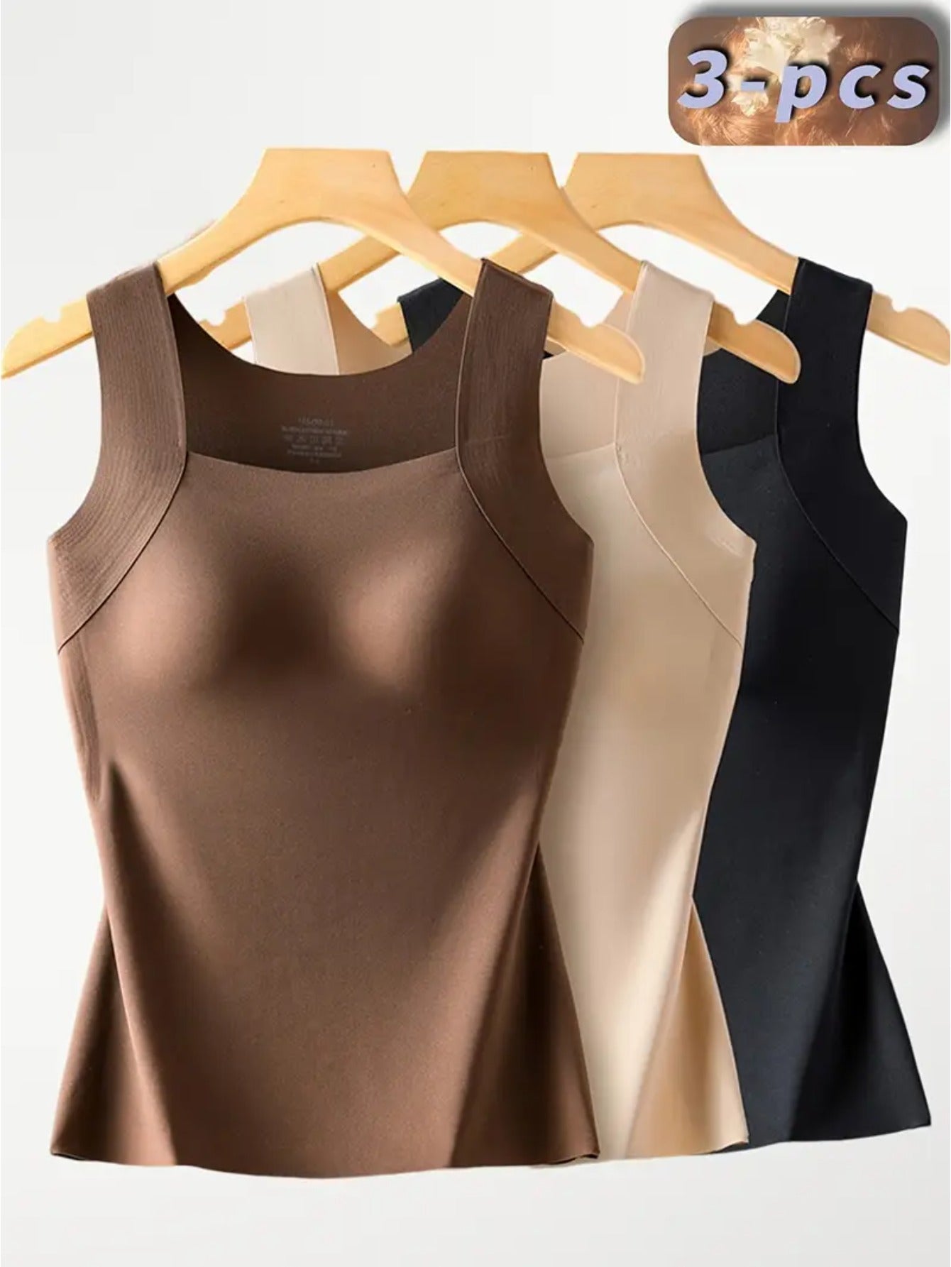 3pcs Women'S Plus Size Seamless Tank Top with Built-In Bra- Slim-Fit Lifting, Skin-Friendly Base Layer, Sleeveless Wide Straps, Solid Black/Apricot/Brown, Smooth Washable Fabric, All-Season Layering for Daily Use