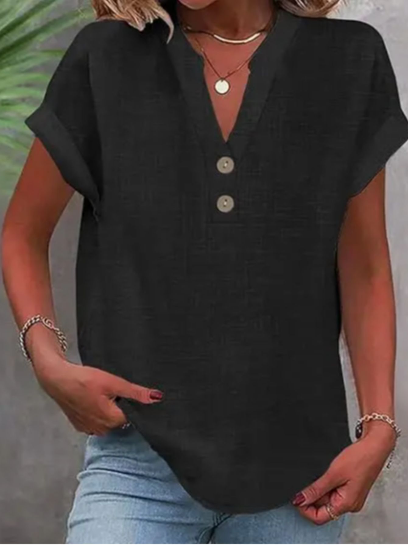 ZOELNIC Women's V-Neck Button-Front Placket T-Shirts - Short Sleeve Casual Summer Tops, Breathable Daily Wear Shirts Suitable for Spring/Summer, Solid Color Casual Wear, Machine Washable (No)