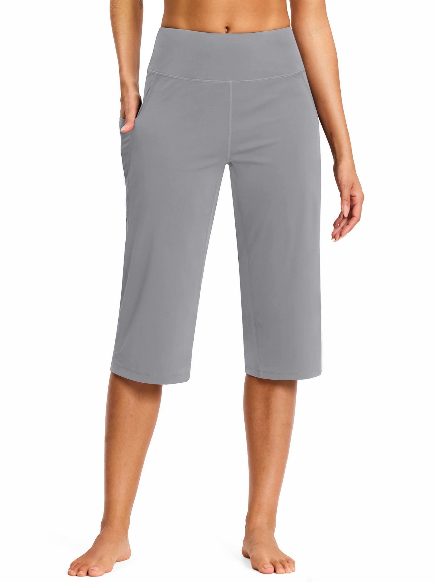 18-Inch Capri Trousers for Women Featuring a High Waist, Pockets, Tummy Control, And a Loose Straight Leg Design Suitable for Workouts And