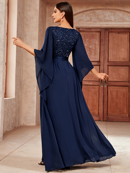 53303 Elegant Women's Lace & Sequin Bridesmaid Dress - A-Line Maxi Wedding Gown with 3/4 Bell Sleeves, V-Neck Color-Block (Bodice &), Machine Washable Bridesmaids Gown for Weddings, Parties, Prom