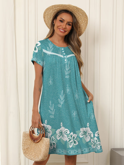 2pcs Women's Floral Nightgowns - Short Sleeve Lace Trim House Dress with Pockets, Comfy Mumu