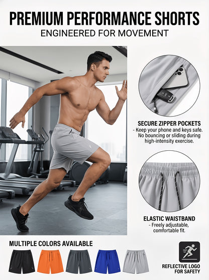 5pcs Men's Casual Sports Shorts with Hidden Zipper Pockets, Contrast Zipper, Summer Breathable Quick-Dry Fabric, for Daily Wear, Running, Basketball, Knee-Length Pants for Men, Quick-Dry Fitness Shorts for Men, Striped Waistband with Drawstring