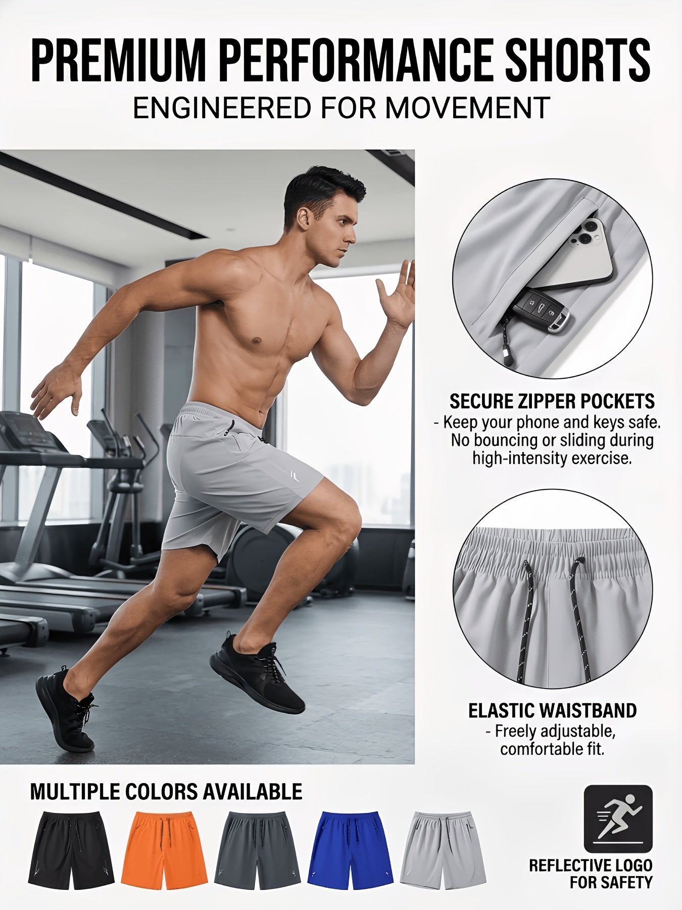 5pcs Men's Casual Sports Shorts with Hidden Zipper Pockets, Contrast Zipper, Summer Breathable Quick-Dry Fabric, for Daily Wear, Running, Basketball, Knee-Length Pants for Men, Quick-Dry Fitness Shorts for Men, Striped Waistband with Drawstring