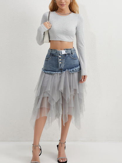 A Midi Skirt for Spring, Summer, And Autumn, Combining Denim And Tulle with a Trendy Raw-Edge Hem