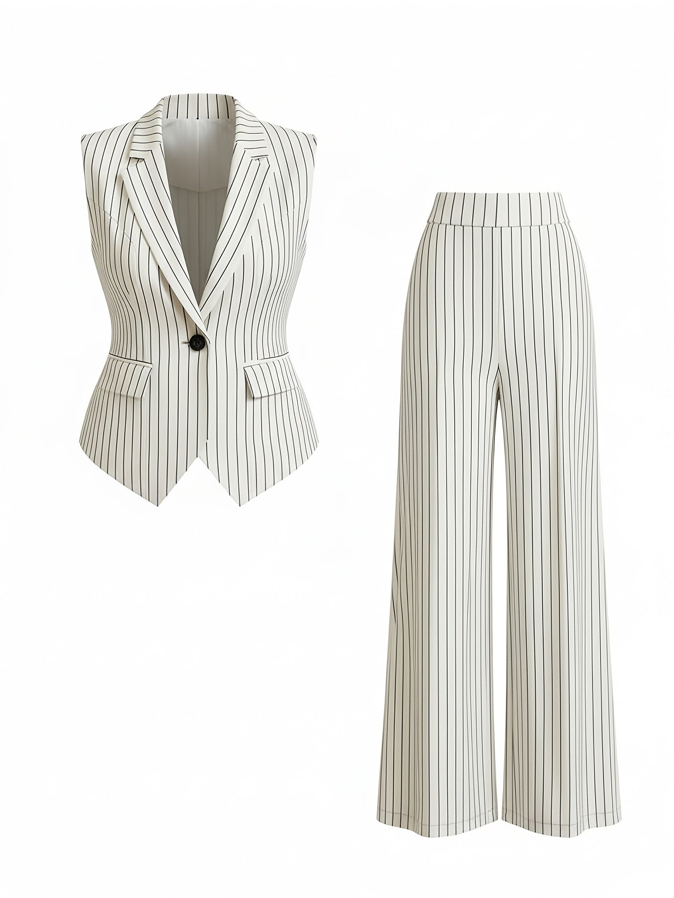 2pcs Set: Black Striped Suit Vest + Bell-Bottom Pants | Women's Vintage-Inspired, Sleek Office Wear Perfect for Commuting, Formal Occasions, and Spring/fall Styling.