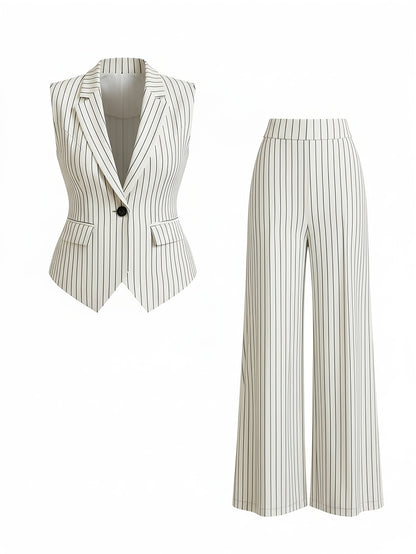 2pcs Set: Black Striped Suit Vest + Bell-Bottom Pants | Women's Vintage-Inspired, Sleek Office Wear Perfect for Commuting, Formal Occasions, and Spring/fall Styling.