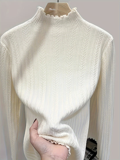 Soft Lettuce Trim Mock Neck Pullover Sweater - Ultra-Soft And Cozy Casual Wear With Long Sleeves For Maximum Comfort, Versatile Inner Wear For Layering, Perfect For Transitional Seasons (Spring And Fall) - Exclusively Designed For Women