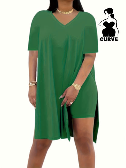 2pcs Set, Plus Size Women's Suit, Short Sleeve, Belted Waist, Top And Leggings