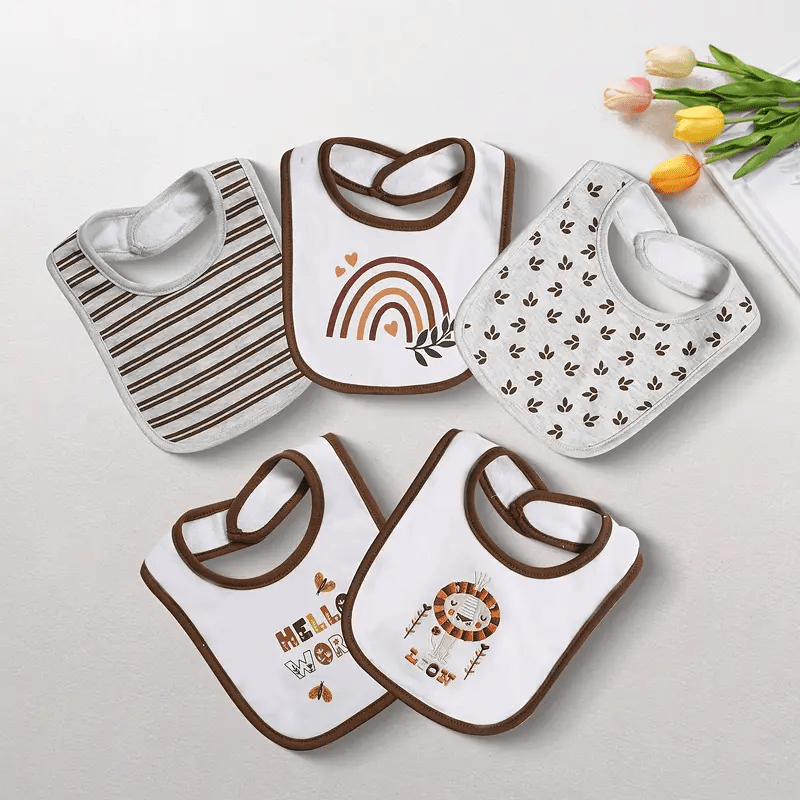 5-Pack Baby Bibs with Adjustable Snaps - Cute Cartoon Embroidery, Unisex Design for Boys & Girls - Perfect for Mealtime Messes