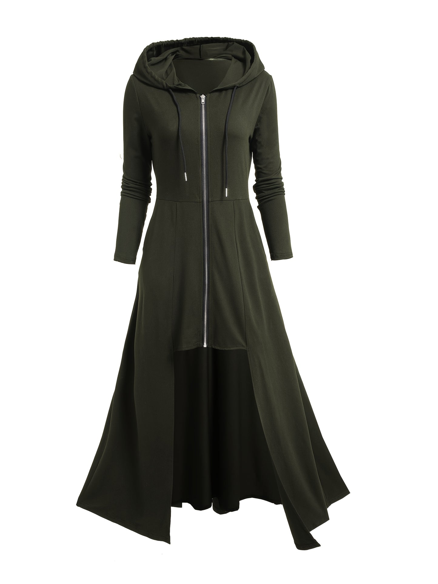 Gothic Style Zip Up Jacket, Casual Long Sleeve Hooded Extra-long Swallowtail Jacket for Holiday & Cosplay, Women's Clothing