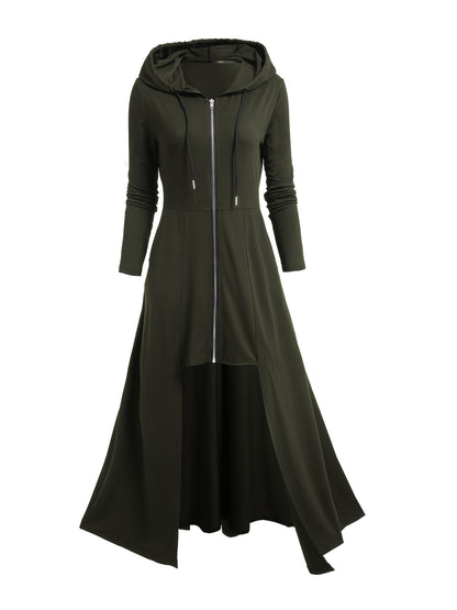 Gothic Style Zip Up Jacket, Casual Long Sleeve Hooded Extra-long Swallowtail Jacket for Holiday & Cosplay, Women's Clothing