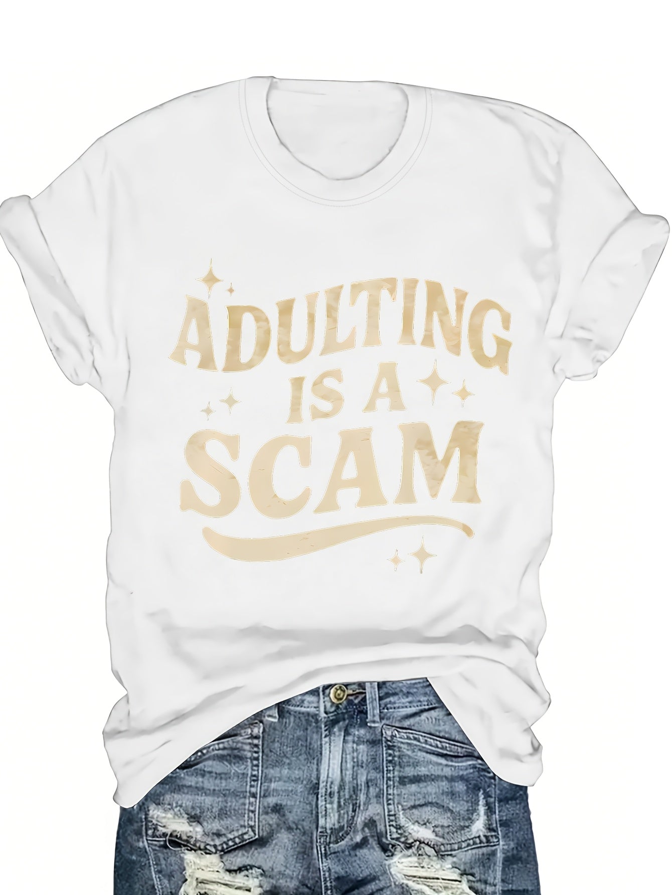 Women's Funny "Blended Adult Is a Scam" T-Shirt - Retro Humorous Slogan Short Sleeve Round Neck Blouse Suitable for Her Gift, Casual Statement Top for Daily Wear & Humor Apparel, Machine Washable Comfortable Everyday Outfits