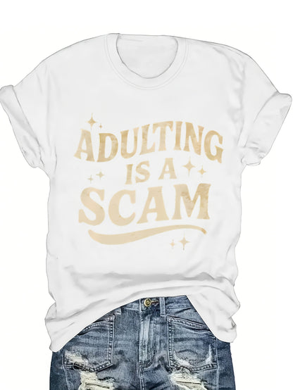 Women's Funny "Blended Adult Is a Scam" T-Shirt - Retro Humorous Slogan Short Sleeve Round Neck Blouse Suitable for Her Gift, Casual Statement Top for Daily Wear & Humor Apparel, Machine Washable Comfortable Everyday Outfits