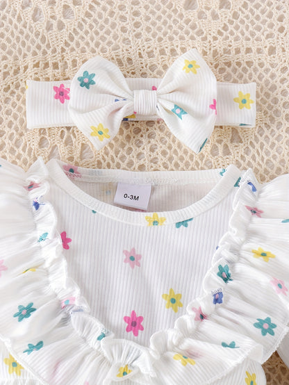 Adorable Floral Print Long-Sleeve Romper Set for Baby Girls with Lace Trim Socks & Headband - Polyester, Perfect for Spring/Fall, Perfect for Outdoor