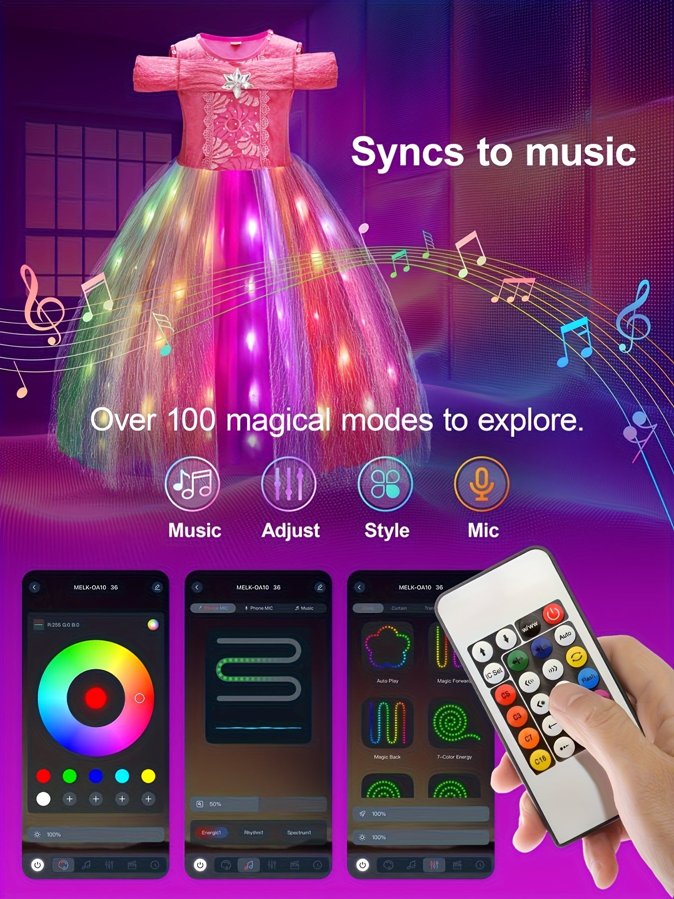 Girls Light Up Princess Carnival Party Dress Up Wireless Voice Smart Control LED Dress Christmas Halloween Prom Dress (Batteries Not Included)