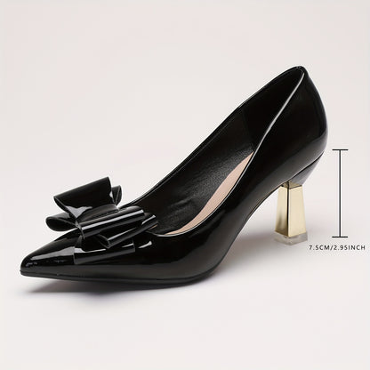 [Elegant High Heels] Single Shoe Temperament Versatile Four Season Bow Light Mouth Solid Color Mid Heel Elegant High Heels, Women Shoes