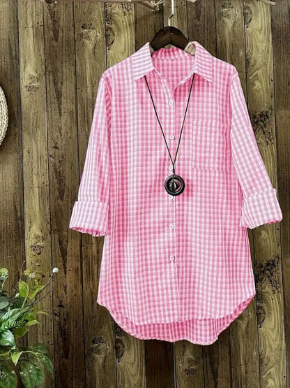 Plus Size - Plus Size - 2024 New Plaid Long Johns with Lapel Long Sleeve Vintage Shirt Buttons