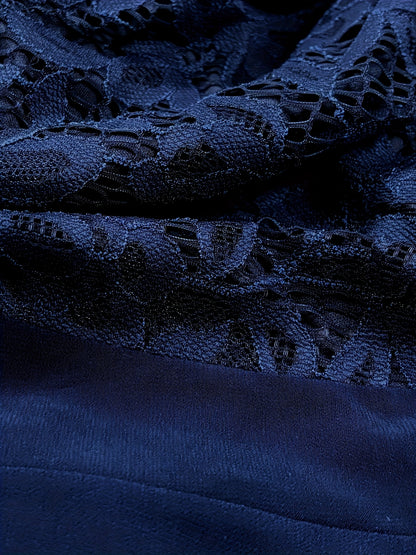 Elegant Navy Blue Lace-Trimmed Chiffon Evening Gown with Short Sleeves And Flowing Skirt, Perfect for Formal Events And Parties, Formal Evening Gown