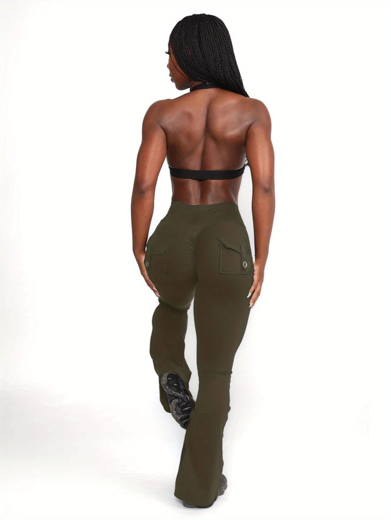 FOEIERAA 1pc Fashion Workwear Style Flare Pants, Women's Casual Flare Pants, High-Waist Pocket Joggers, Workwear Style Peach Butt Yoga Pants, Quick-Dry Tummy Control Butt Lifting Sexy Long Pants, Flare Leggings