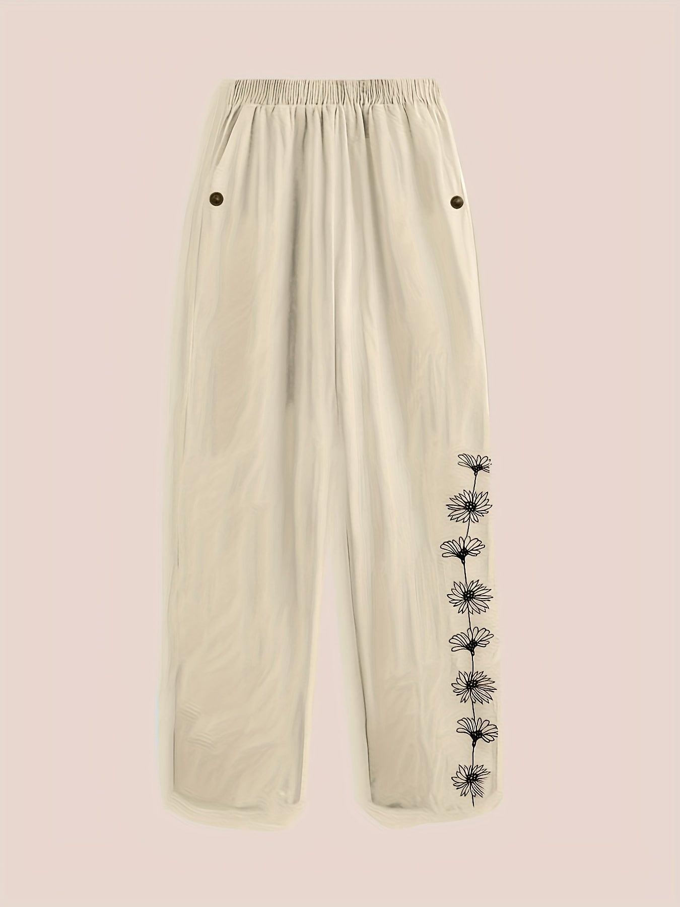 Plus Size Spring Summer Casual Floral Print Pants with Pockets and Elastic Waist, Perfect for Stylish Commuting