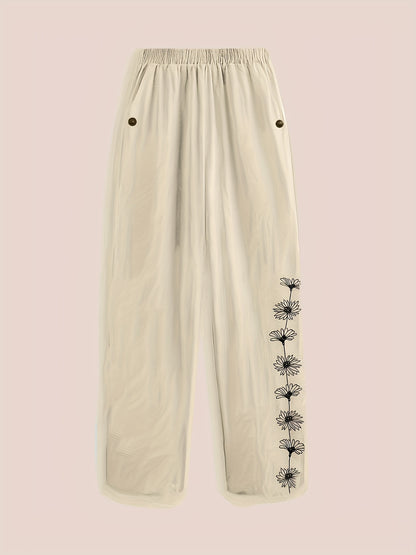 Plus Size Spring Summer Casual Floral Print Pants with Pockets and Elastic Waist, Perfect for Stylish Commuting