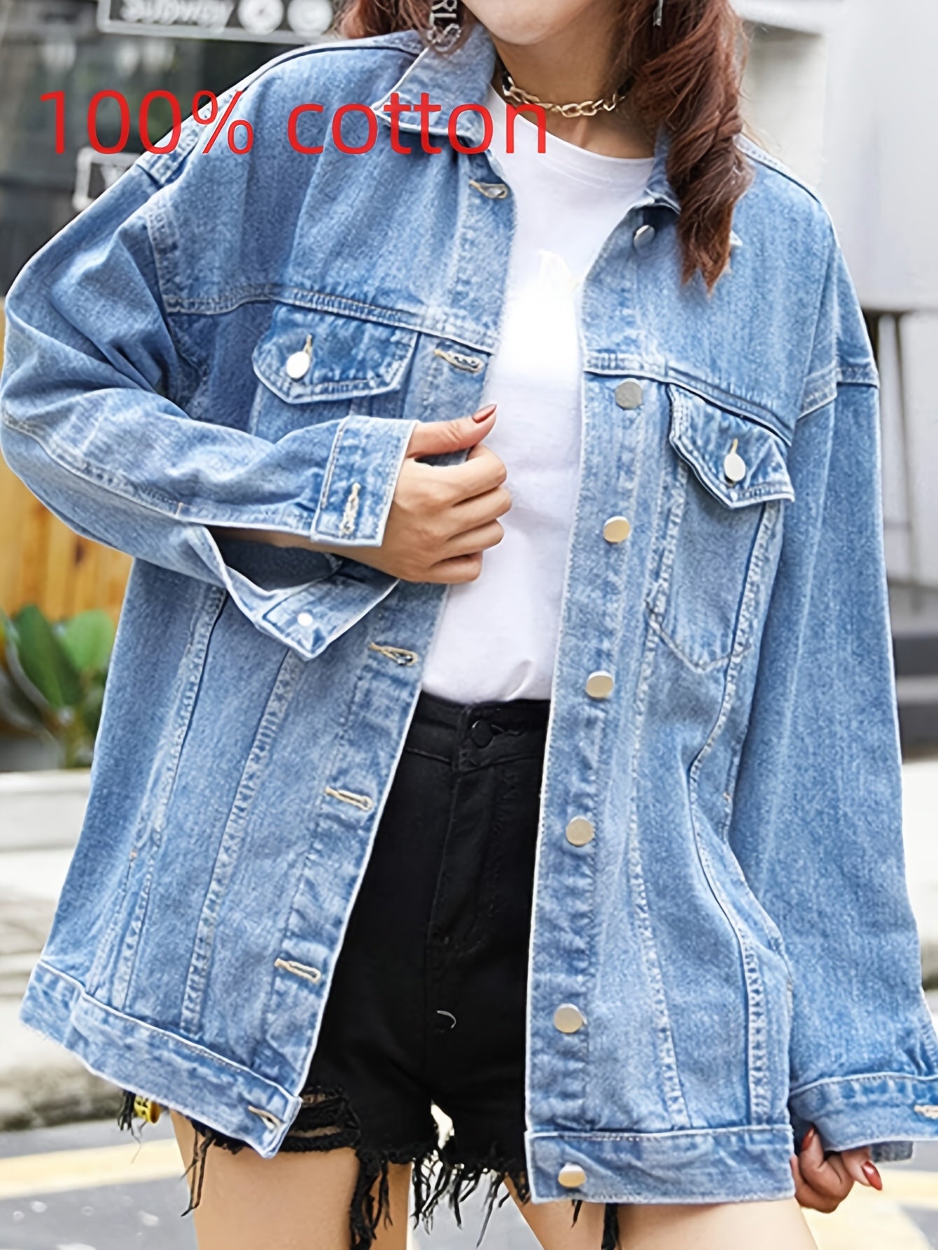 Women'S Oversized Mid-Length Denim Motorcycle Jacket