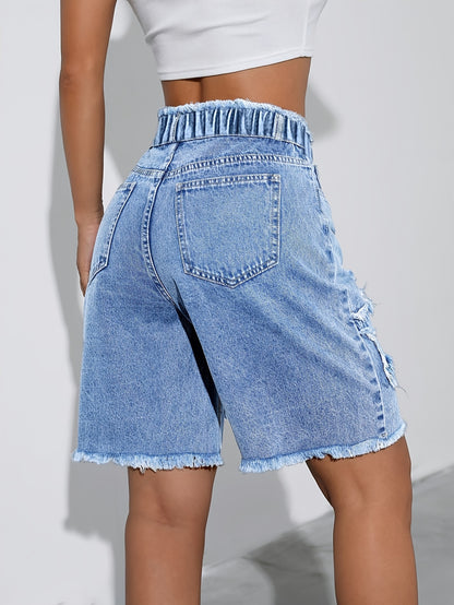 Girls' Fashionable Versatile Y2K Star Patch Embroidered Denim Shorts, Zipper-Free, Stretchy Elastic Waist for All-Day Comfort. Trendy Summer Beach & Casual Wear, Ideal for Campus, Back-To-School & Festivals - a Cute Must-Have for Girls, for Outdoor