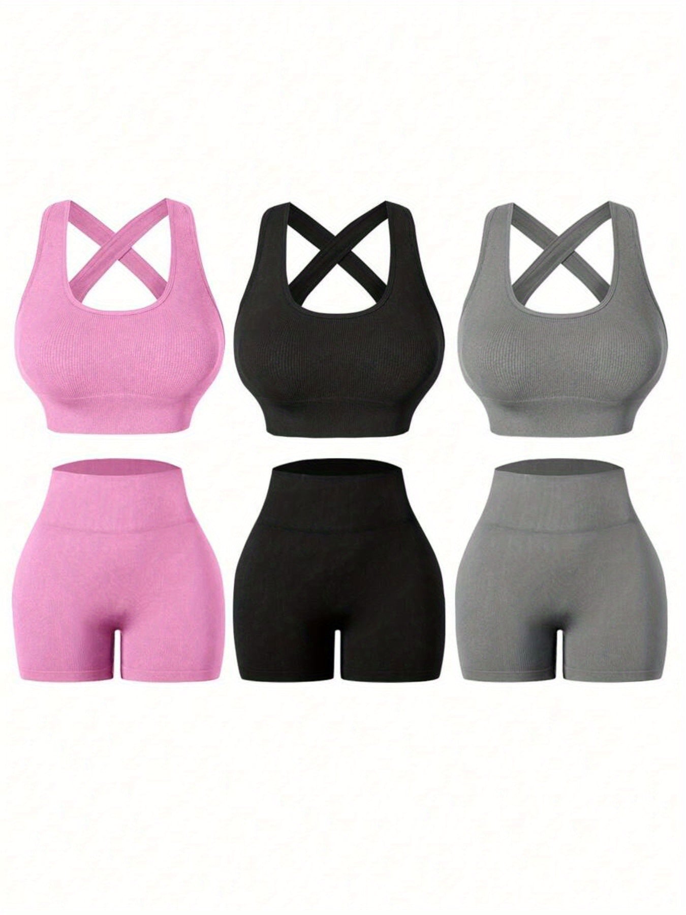 Three Sets of Seamless Women'S Sportswear Suits, Featuring High Elasticity, See-Through Back Bras And Tight-Fitting Short Pants for Enhancing Buttocks
