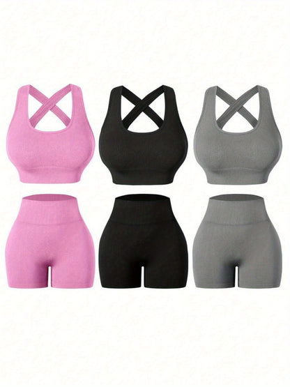 Three Sets of Seamless Women'S Sportswear Suits, Featuring High Elasticity, See-Through Back Bras And Tight-Fitting Short Pants for Enhancing Buttocks