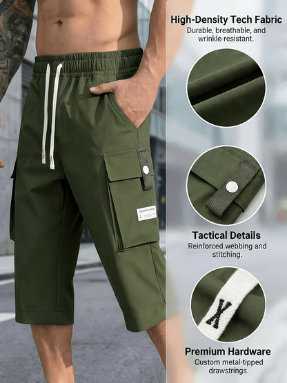 4pcs Men's Cargo Shorts with Ripstop Fabric & Multi-Pocket Design - Adjustable Waist, 7/8 Length Shorts Suitable for Outdoor Travel,, Sports, Casual Wear | Wristband Included | Machine Washable | Available in Black, Gray, Khaki, Army Green