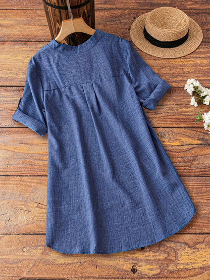 Plus Size - Plus Size - Plus Size Women'S Spring And Summer Casual V-Neck Button Tops - Flat Collar Rolled Sleeve Decorative Button Vacation Style Blouses, Perfect for Relaxed Or Elegant Looks