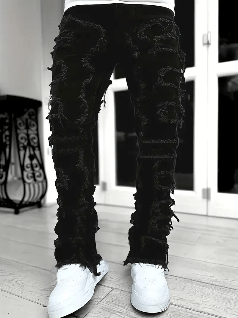 (Available In Five Colors) Teenager Ripped Jeans, Retro Street Style, High Street Patch Fabric, Popular Ripped Jeans, Fashionable Splicing, Slim Fit Jeans, Versatile Straight Jeans 1pc, Perfect for Outdoor, for Teenager