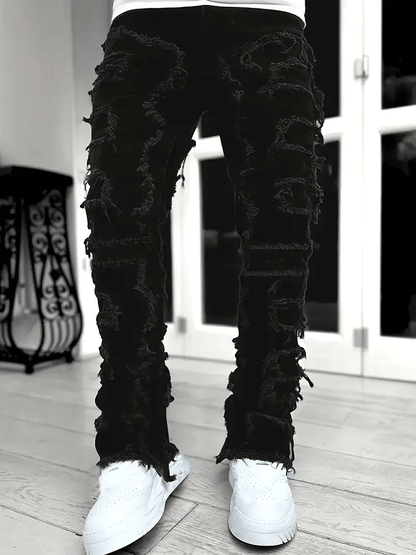 (Available In Five Colors) Teenager Ripped Jeans, Retro Street Style, High Street Patch Fabric, Popular Ripped Jeans, Fashionable Splicing, Slim Fit Jeans, Versatile Straight Jeans 1pc, Perfect for Outdoor, for Teenager