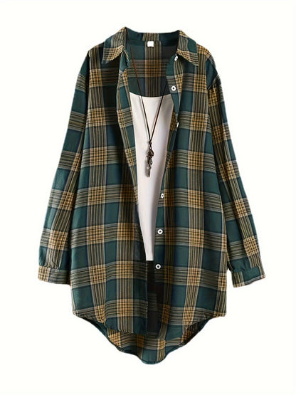 New Women's Loose Fit Mid-Length Plaid Shirt for All Seasons 2025, Versatile for Commuting, Casual Daily Wear, and Suitable for Holiday Parties and Outings