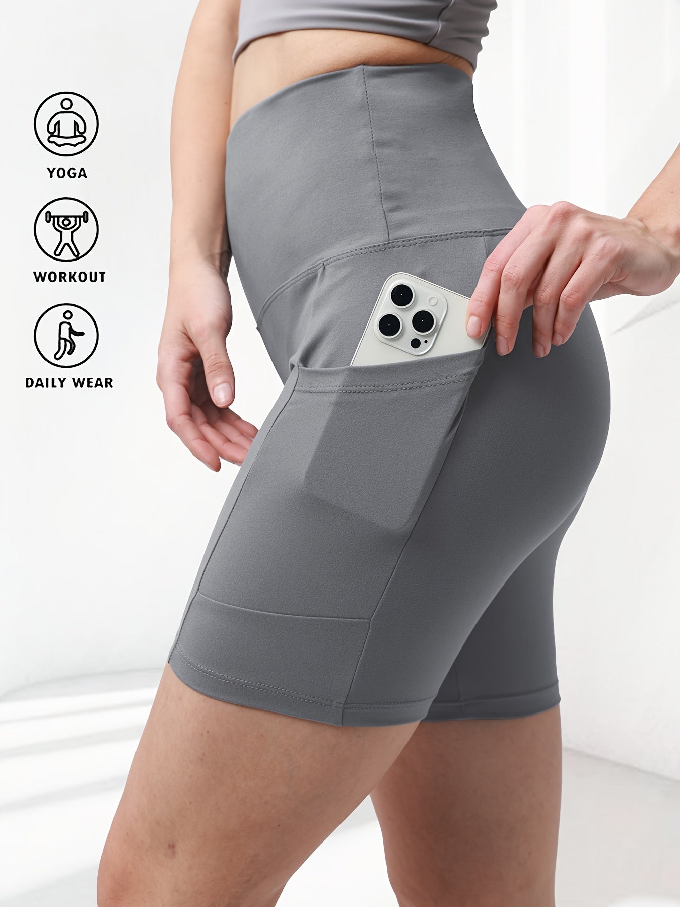 1pc Women's High-Waisted Yoga Shorts with Tummy Control & Pockets - Breathable Workout Gym Shorts, Tight-Fitting Low-Rise Athletic Pants for Summer, Gymnastics, Training (Black/Grey/Navy/Pink/ Brown) - Non-See-Through Quick-Dry