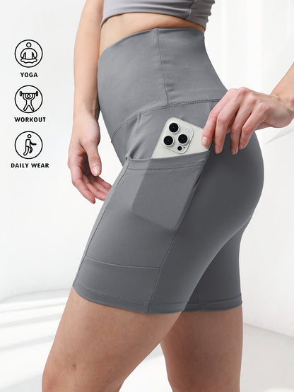 1pc Women's High-Waisted Yoga Shorts with Tummy Control & Pockets - Breathable Workout Gym Shorts, Tight-Fitting Low-Rise Athletic Pants for Summer, Gymnastics, Training (Black/Grey/Navy/Pink/ Brown) - Non-See-Through Quick-Dry