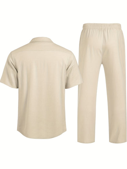 Men 2pcs Linen Outfit Beach Button- Shirt Casual Loose Pant Sets