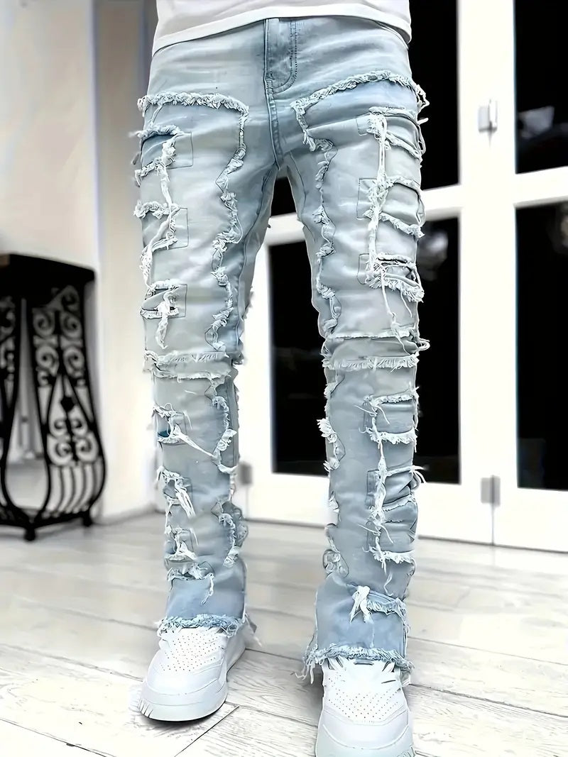 (Available In Five Colors) Teenager Ripped Jeans, Retro Street Style, High Street Patch Fabric, Popular Ripped Jeans, Fashionable Splicing, Slim Fit Jeans, Versatile Straight Jeans 1pc, Perfect for Outdoor, for Teenager