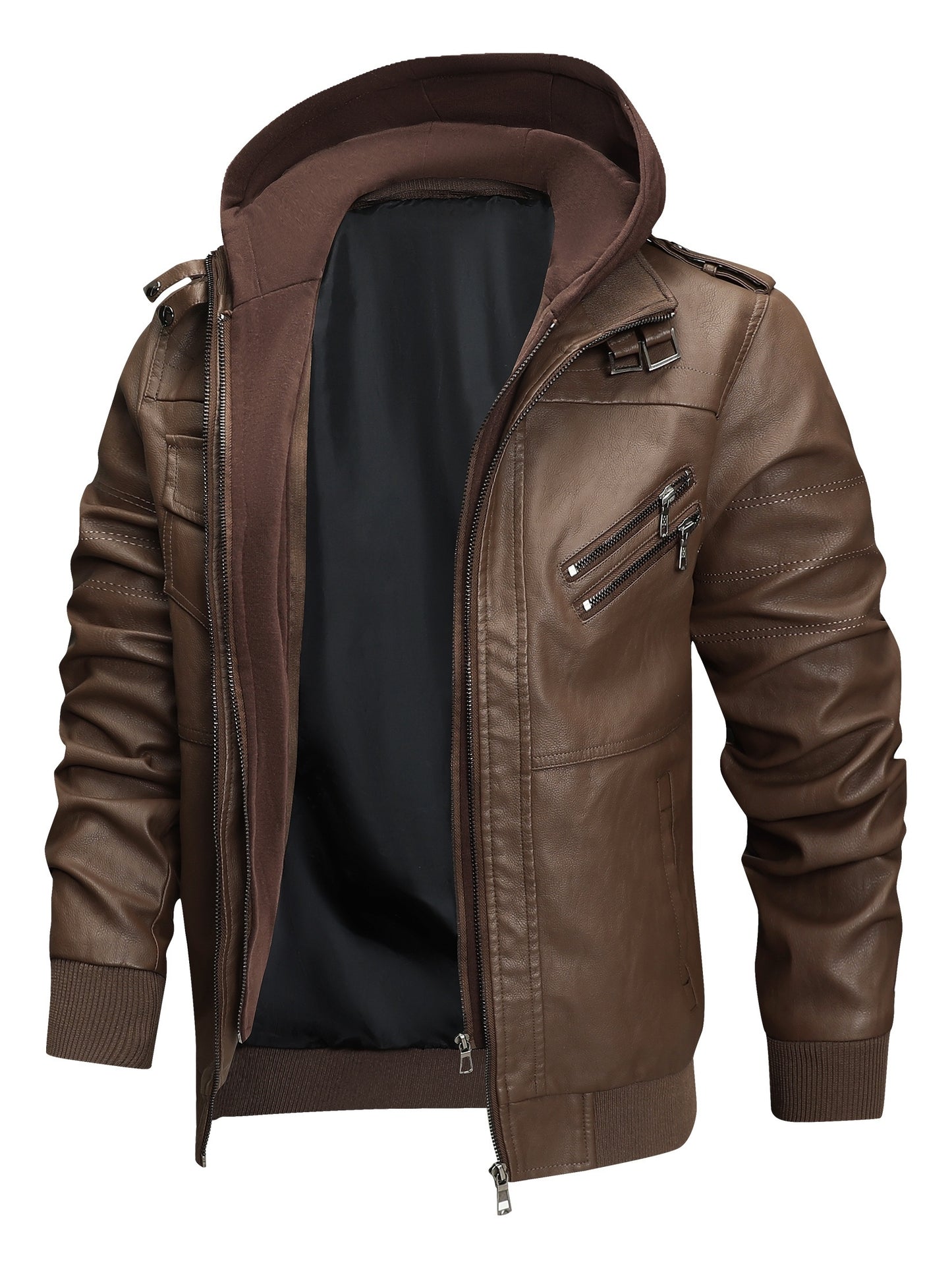 Men's PU Leather Jacket Motorcycle Jacket High Quality Windproof (Belt Included) PU Moto Vintage Bomber Hoodie with Removable Hood