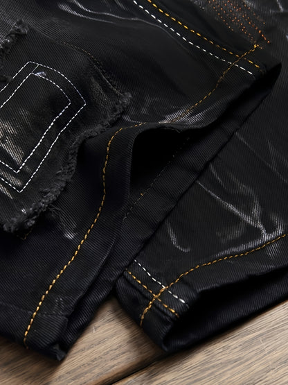 Stylish And Modern Water-Washed Ripped Denim Shorts for Men, Featuring Casual Straight Fit And Embroidered Patches, Perfect for Summer Wear