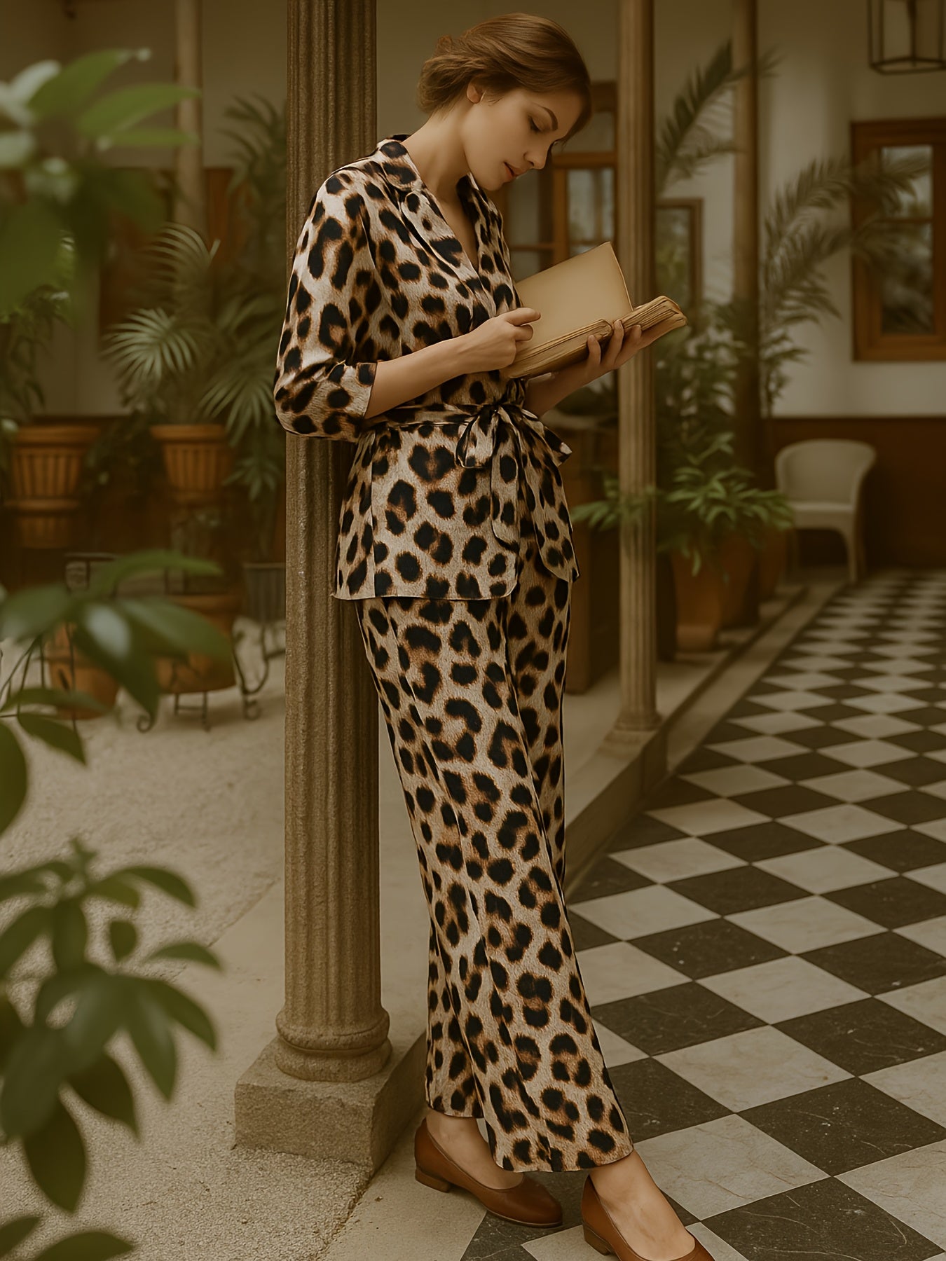 European And American Autumn Leopard Print Long Sleeve Top, Loose Casual Pants Set Can Be Worn Outside, at Home, Slightly Elastic, Elegant