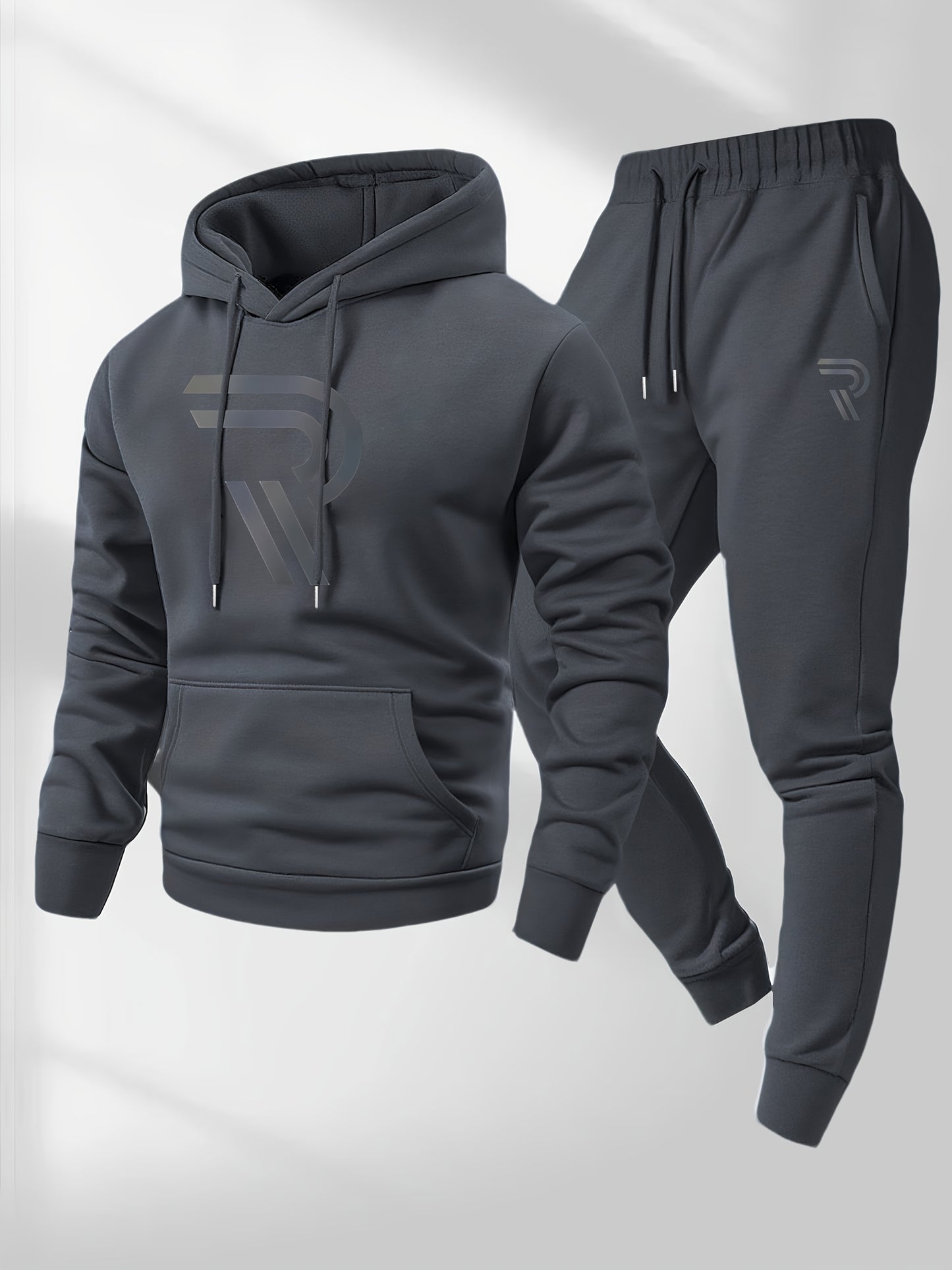 Independence Day Celebration Men's Sportswear 2pcs Hoodie with Pants, Grey with Black Logo, Non-elastic Fabric, Regular Fit, with Pockets, Suitable for Autumn And Winter, Hoodie | Pocket Pants, Sweater Hoodie, Street Style, Party Style