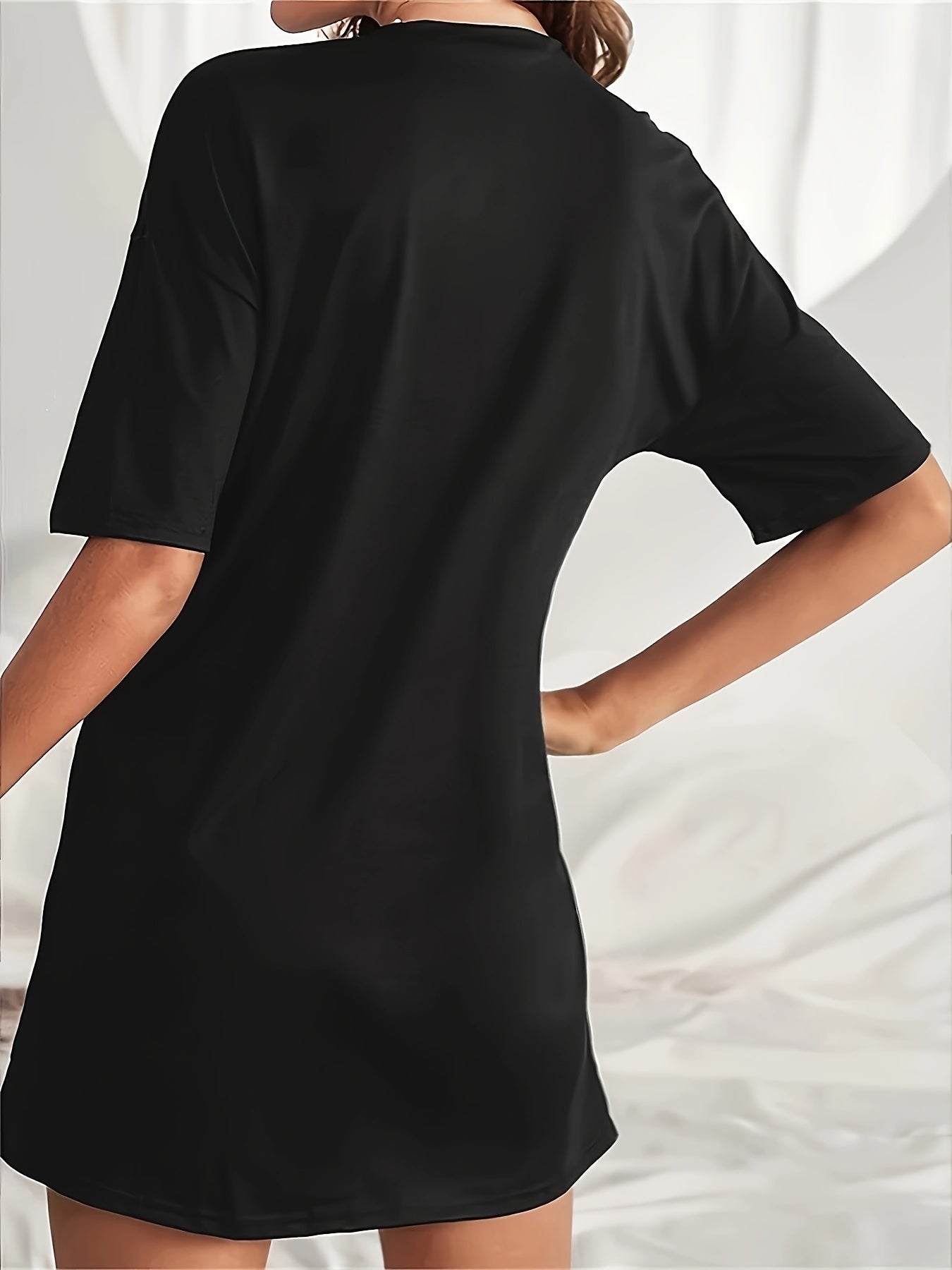 Plus Size, Plus Size-Letter Slogan Graphic Print T-Shirt Dress Pajamas- Casual Round Neck, Short Sleeve, Stretch Polyester Blend, Machine Washable- Spring Summer Casual Style