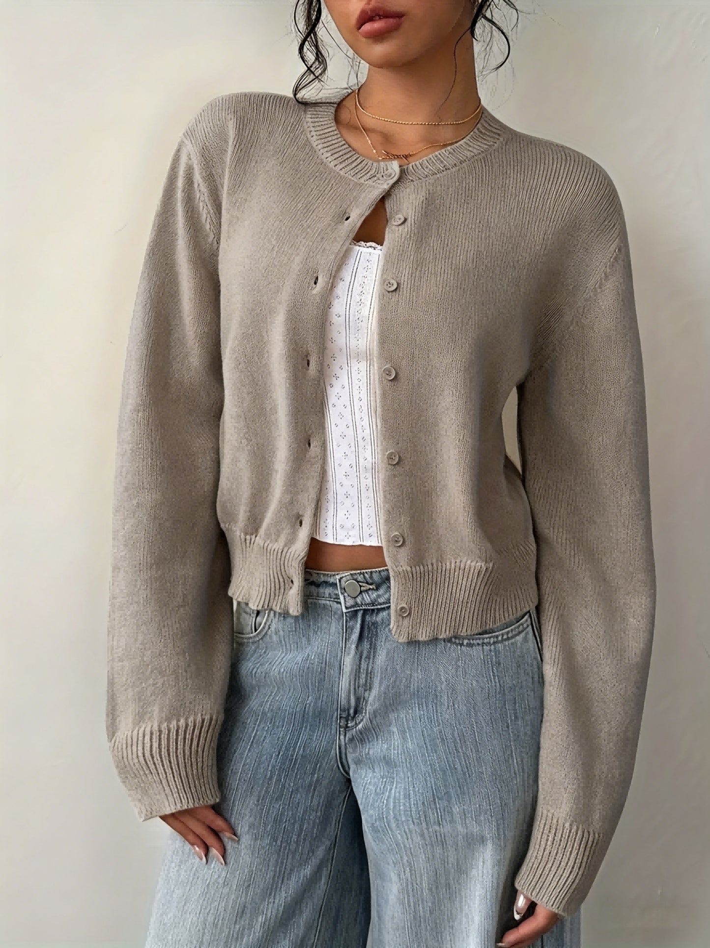 Womens Local Warehouse New Arrivals, Spring Autumn Round Neck Button Cardigan, Elegant Noble Ladies Cropped Long Sleeve Tops, Soft Slim Fit Casual Daily Outerwear, Ropa De Mujer Fashion Female Clothes Discount Promotion