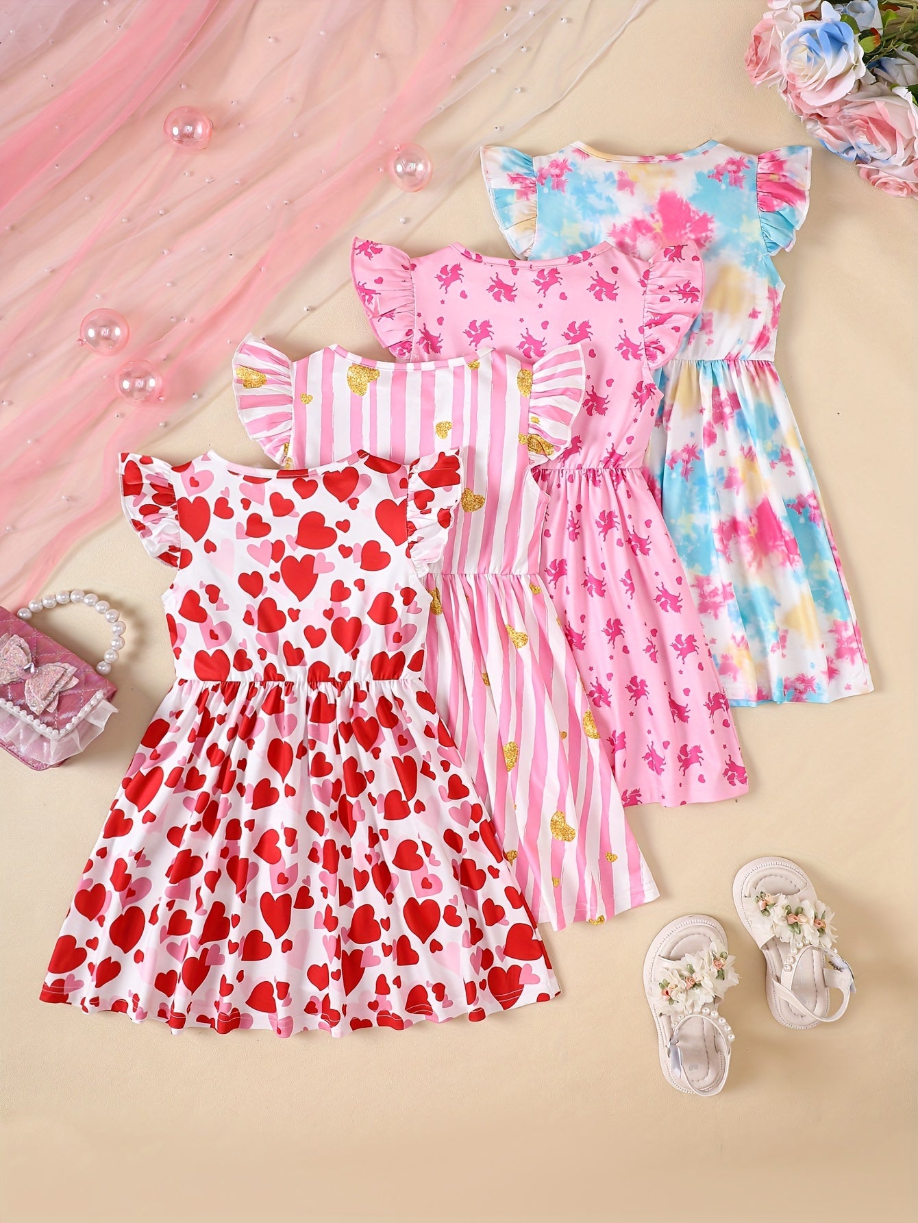 4pcs, Summer Girl Printed Dress, Girl Casual Dress, Spring And Summer Trendy And Versatile Dress for Little Girls