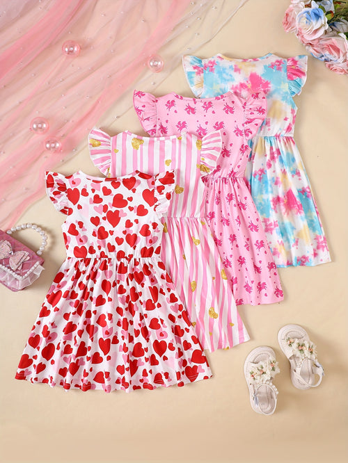 4pcs, Summer Girl Printed Dress, Girl Casual Dress, Spring And Summer Trendy And Versatile Dress for Little Girls